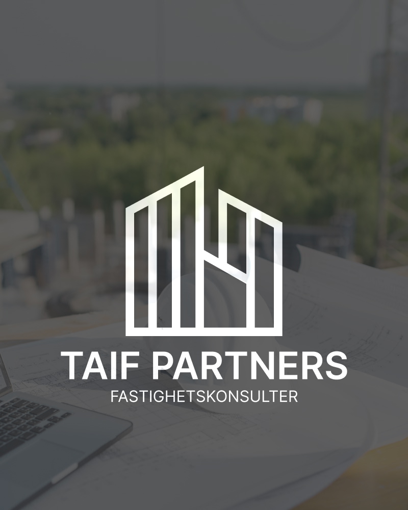 Taif Partners Fastighetskonsulter – logotyp över ritningar och byggprojekt
